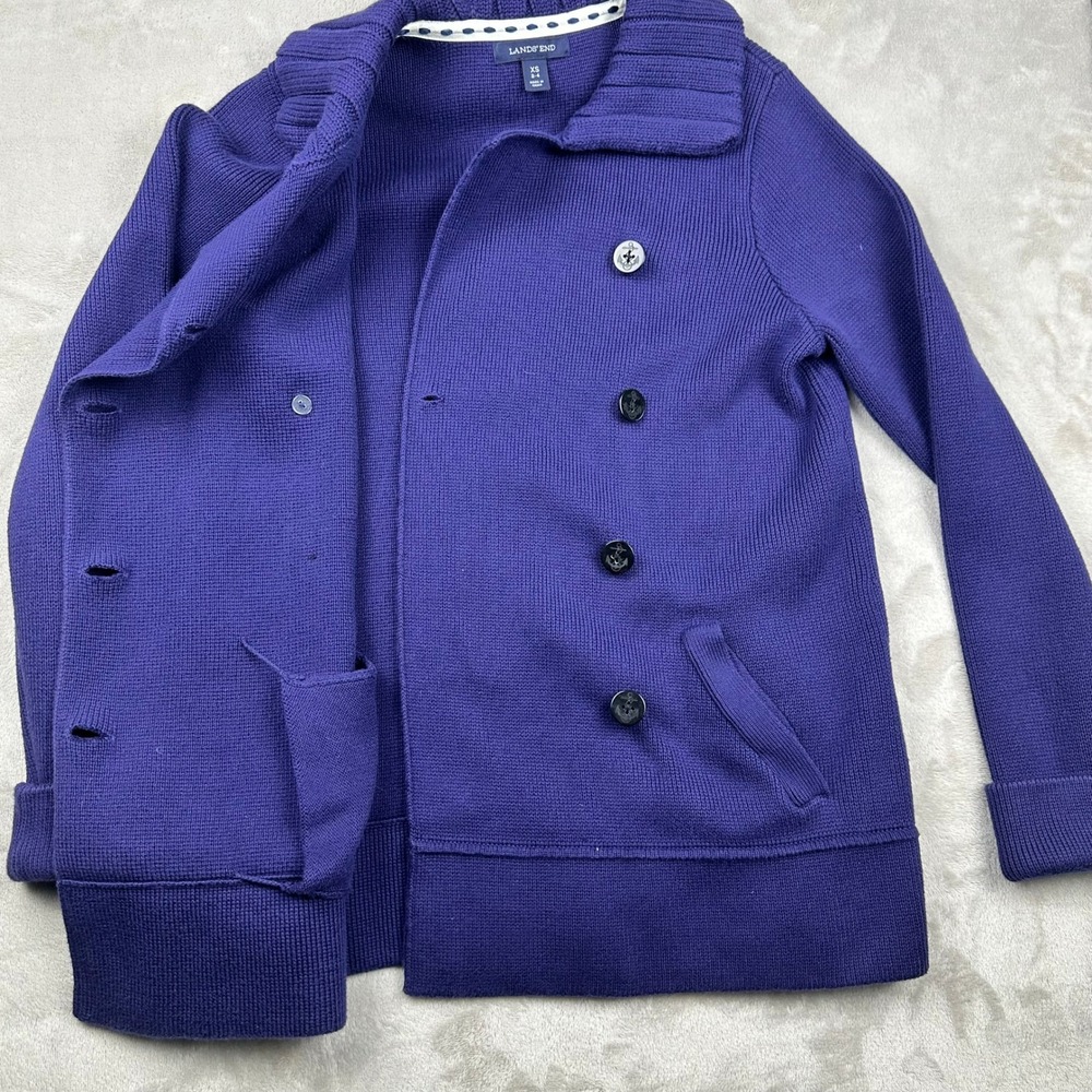 Lands End Blue Anchor Button Double Breasted Knit Peacoat Cardigan XS - Picture 12 of 16